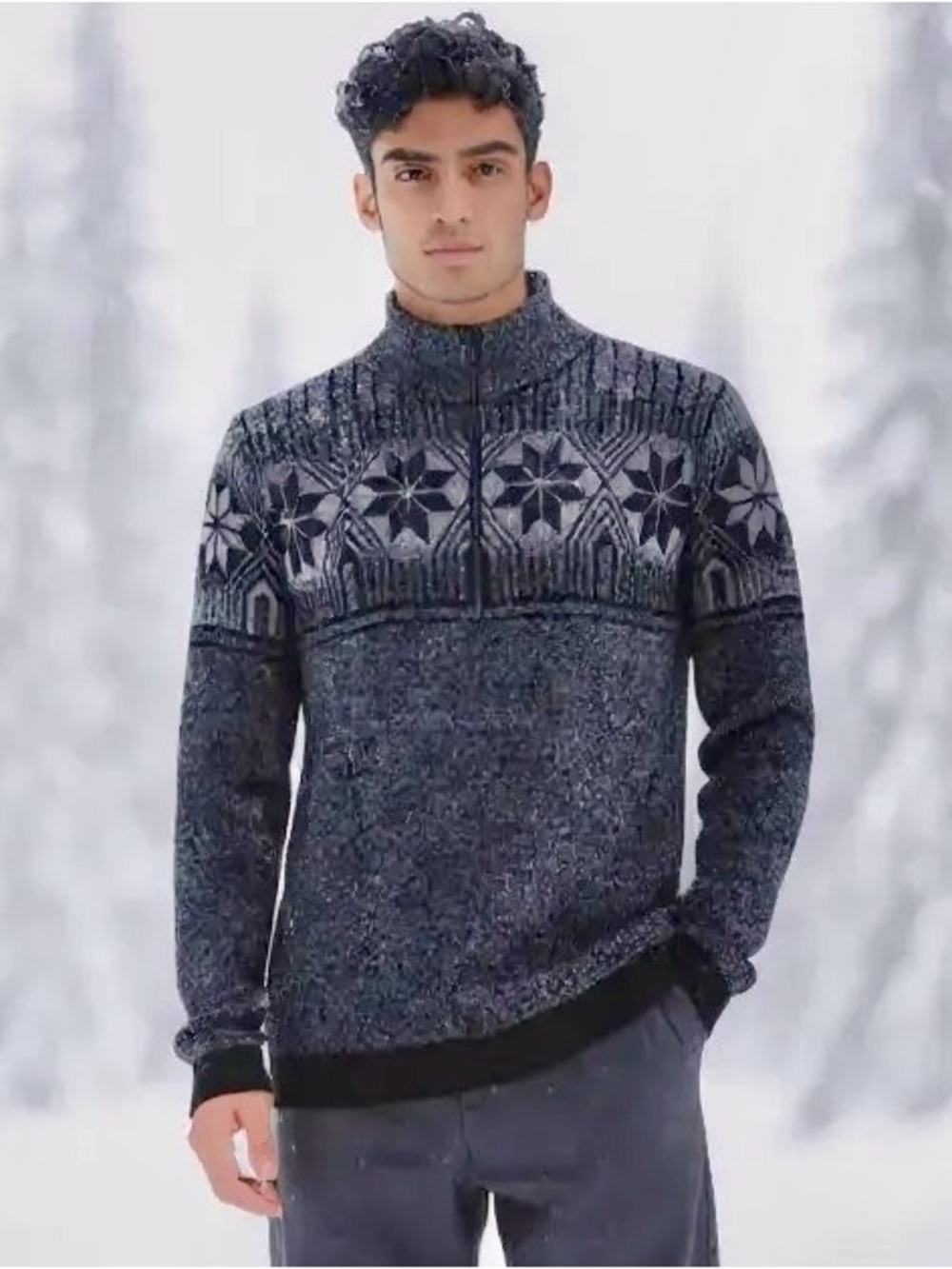 Newland Sweater Mens XL Gray Fair Isle 1/4 Zip Mock Neck Knit Italy Ski